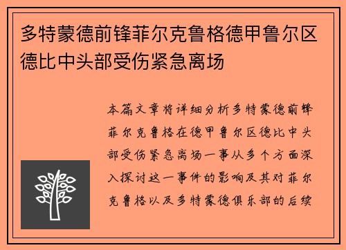 多特蒙德前锋菲尔克鲁格德甲鲁尔区德比中头部受伤紧急离场 多特蒙德前锋菲尔克鲁格德甲鲁尔区德比中头部受伤紧急离场