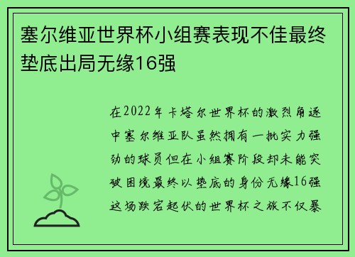 塞尔维亚世界杯小组赛表现不佳最终垫底出局无缘16强 塞尔维亚世界杯小组赛表现不佳最终垫底出局无缘16强